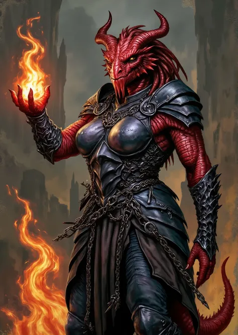 An extremely detailed comic book illustration of an extremely curvaceous Chromatic Red Dragonborn from Dungeons and Dragons which look like wingless bipedal dragons scaly bright-eyed and thick-boned with horns on their heads with a red coloration cursed as...