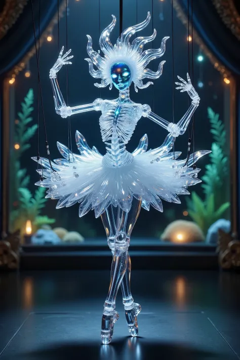 Full body photo, a ball-jointed doll female made of clear crystal, her body is fully transparent, glass hair like tentacles, transluminescent glowing skeleton body, glowing eyes, ballerina dance, she is held up like a marionette with black strings, underwa...