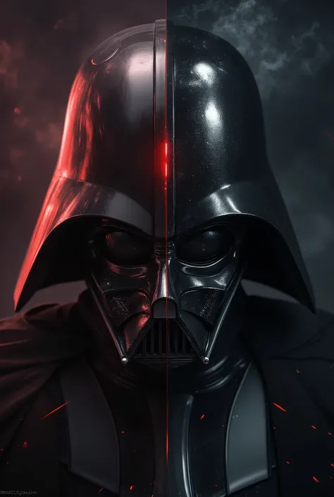 split-face portrait, left half of the face is a masked futuristic dark knight with a black sci-fi helmet inspired by Darth Vader, glowing red light reflections, high-tech breathing mask, shadows and metallic textures, dramatic lighting from the left, dark ...
