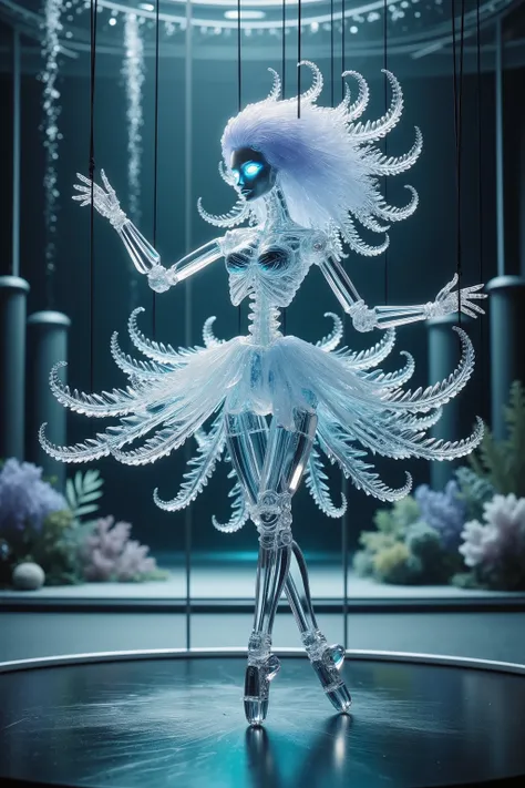 Full body photo, a ball-jointed doll female made of clear crystal, her body is fully transparent, glass hair like tentacles, transluminescent glowing skeleton body, glowing eyes, ballerina dance, she is held up like a marionette with black strings, underwa...