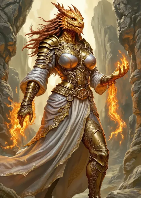 An extremely detailed comic book illustration of an extremely curvaceous Metallic Gold Dragonborn from Dungeons and Dragons which look like wingless bipedal dragons scaly bright-eyed and thick-boned with horns on their heads with a gold coloration trained ...