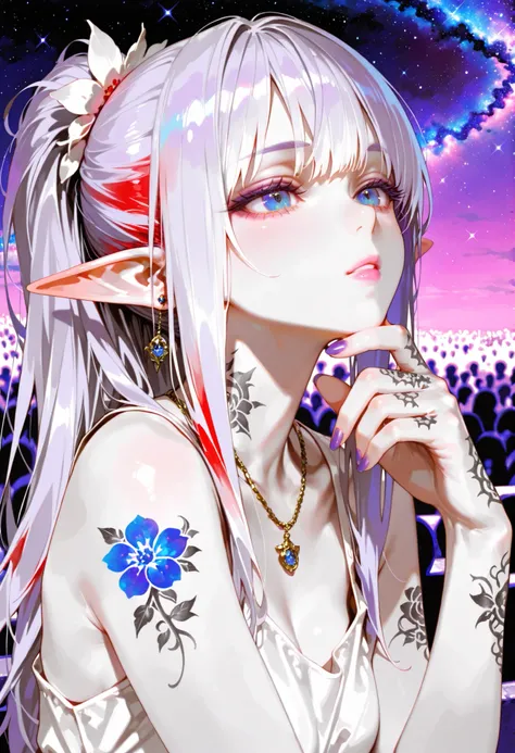 masterpiece,best quality,super resolution,realistic, 8K Ultra HD ,super detailed,depth of field,alone,1 Girl,watching the audience, bangs,Red and white dyed hair,long hair,tall ponytail,The hair between the eyebrows,elf ears, Light purple background ,sta...