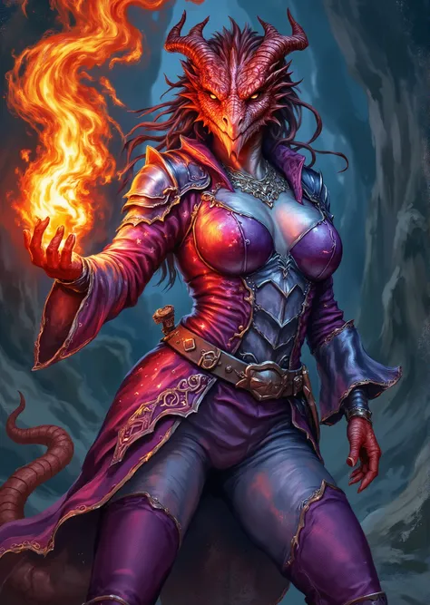 An extremely detailed comic book illustration of an extremely curvaceous Chromatic Red Dragonborn from Dungeons and Dragons which look like wingless bipedal dragons scaly bright-eyed and thick-boned with horns on their heads with red coloration trained as ...