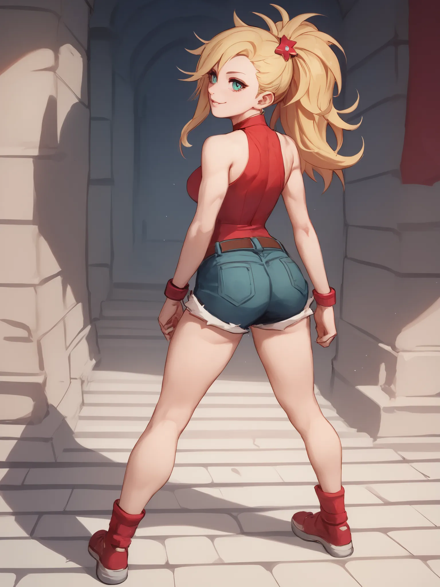 young girl, long blonde hair, Hairpin with a bundle,  turquoise eyes, red tight uniform, Sleeveless, Wide neckline on the chest to the abdomen, Gold Elements, Red outfit, Shorts, Masterpiece, hiquality, 4k, HD, Good details, full body back view, back overv...