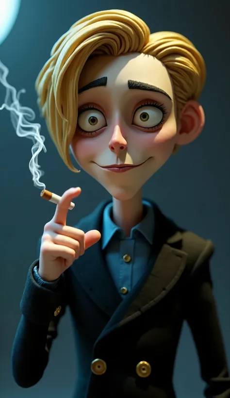 Tim Burton movie, cinematic composition, stop motion, clay animation, a vampire king , looking at viewer, gothic confident young man with blonde hair on the side of his face covering his entire left eye, a small curly eyebrow visible on the other. He is sm...