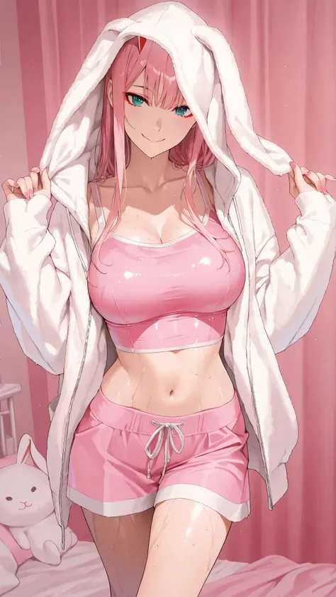 masterpiece, 1 girl, beautiful woman, Zero Two, wearing a pink crop top with a fuzzy white rabbit ear hoodie. The hoodie is open, revealing the pink crop top underneath. wet、Big Breasts、nails, pink nails collors, smile girls, in bedroom, bedroom background...