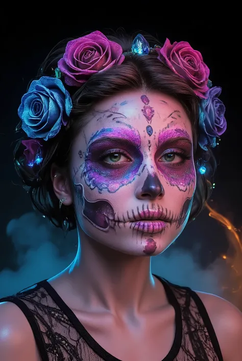 Close-up portrait of a young woman with vibrant Day of the Dead makeup and floral crown. Dark hair styled in a bun, adorned with a wreath of intricate pink and deep blue roses. The subject is likely of Latin American descent, exhibiting a youthful aesthe...