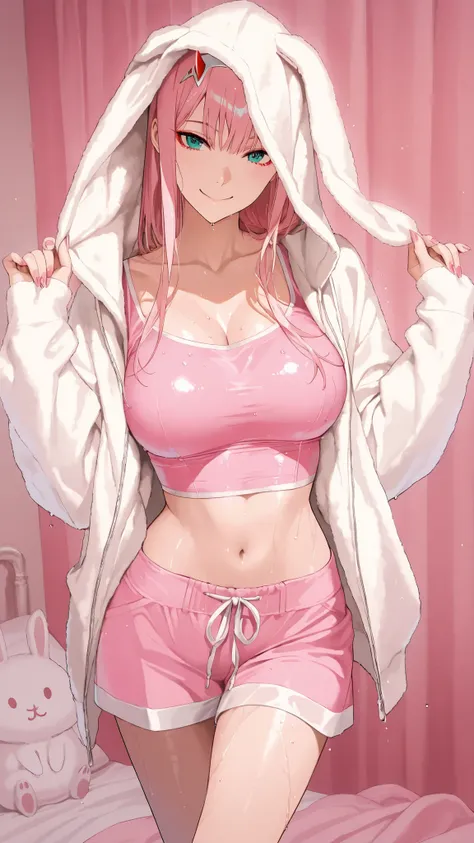 masterpiece, 1 girl, beautiful woman, Zero Two, wearing a pink crop top with a fuzzy white rabbit ear hoodie. The hoodie is open, revealing the pink crop top underneath. wet、Big Breasts、nails, pink nails collors, smile girls, in bedroom, bedroom background...