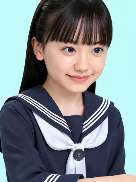 long hair, ((black hair:1.3)), bangs, elementary school student, wearing sailor suit, dark blue, Long sleeve , upper body, small eyes, make up, (smily, teeth:1.0), ((looking away:1.3))