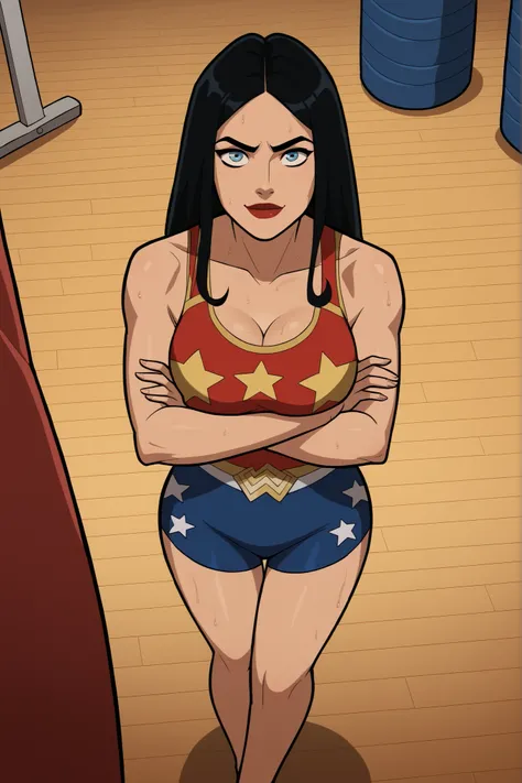 safe_pos, score_9, score_8_up, score_7_up, score_6_up, BREAK, solo, 1girl, wonderwoman, long hair, black hair, blue eyes, large breasts, cleavage, curvy, athletic, smile, closed mouth, happy expression, looking at viewer, wide hips, lipstick, makeup, stand...