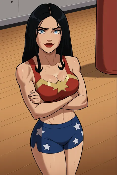 safe_pos, score_9, score_8_up, score_7_up, score_6_up, BREAK, solo, 1girl, wonderwoman, long hair, black hair, blue eyes, large breasts, cleavage, curvy, athletic, smile, closed mouth, happy expression, looking at viewer, wide hips, lipstick, makeup, stand...