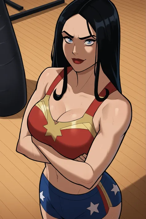 safe_pos, score_9, score_8_up, score_7_up, score_6_up, BREAK, solo, 1girl, wonderwoman, long hair, black hair, blue eyes, large breasts, cleavage, curvy, athletic, smile, closed mouth, happy expression, looking at viewer, wide hips, lipstick, makeup, stand...
