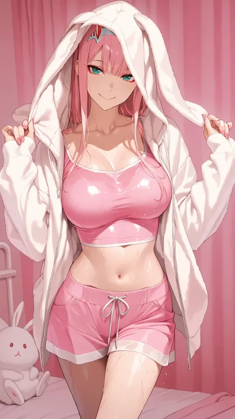 masterpiece, 1 girl, beautiful woman, Zero Two, wearing a pink crop top with a fuzzy white rabbit ear hoodie. The hoodie is open, revealing the pink crop top underneath. wet、Big Breasts、nails, pink nails collors, smile girls, in bedroom, bedroom background...