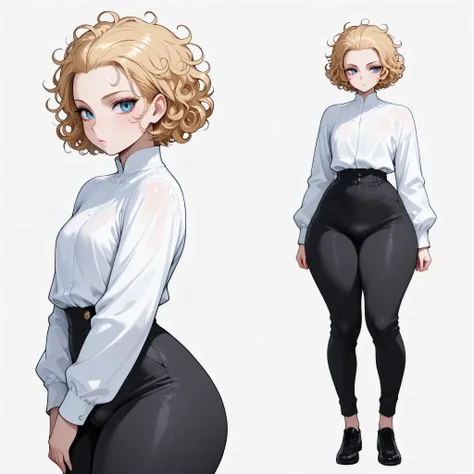 1boy, femboy, blonde Hair, curly hair, blue eyes, thick thighs, small waist, black pants, white shirt, messy hair, curly hair, short hair, hair pulled back, Glossy skin, long sleeves, multiple views, black shoes,  slender shoulders