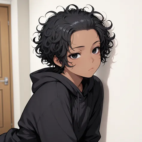 1boy , femboy , Tan skin , messy hair , black hair , black eyes , black hoodie , Big hoodie , bored expression , delicate features High Resolution , Masterpiece , Accurate , Anatomically Correct , (short hair) , looking at Viewer , Curly Hair , Bedroom bac...