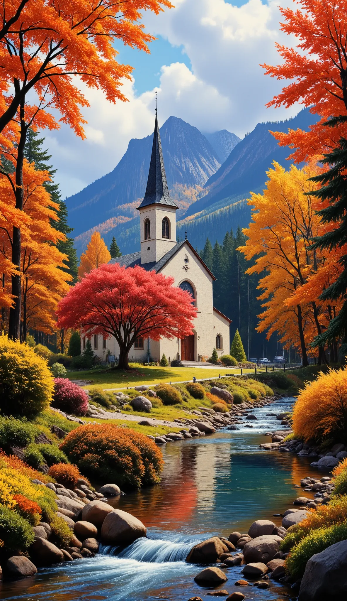 I'm imagining、A Masterpiece of Autumn Forest Paintings 、 bright color 、 spectacular dramatic expression intense style 、 Church in the Forest 、 A Cherry Tree is bearing fruit 、 A Gentle Little River、 crystal water top quality environment 、 Spectacular v...