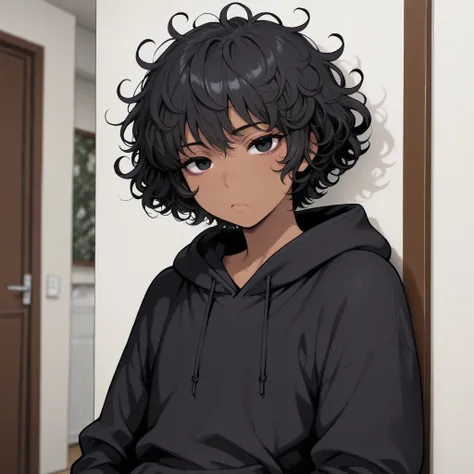 1boy , femboy , Tan skin , messy hair , black hair , black eyes , black hoodie , Big hoodie , bored expression , delicate features High Resolution , Masterpiece , Accurate , Anatomically Correct , (short hair) , looking at Viewer , Curly Hair , Bedroom bac...