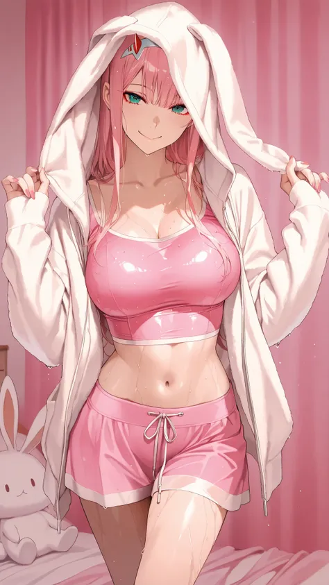 masterpiece, 1 girl, beautiful woman, Zero Two, wearing a pink crop top with a fuzzy white rabbit ear hoodie. The hoodie is open, revealing the pink crop top underneath. wet、Big Breasts、nails, pink nails collors, smile girls, in bedroom, bedroom background...