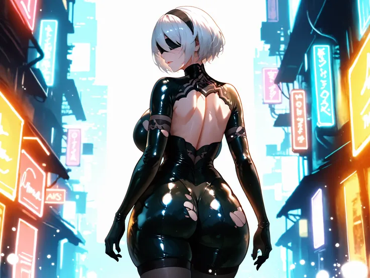 "2B from NieR: Automata shown from behind in a dimly lit cyberpunk corridor with blue and violet neon reflections on the metallic surfaces.
She stands confidently, looking slightly over her shoulder, blindfold in place with no eyes showing.
Her glossy late...