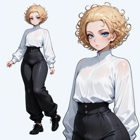 1boy, femboy, blonde Hair, curly hair, blue eyes, thick thighs, small waist, black baggy pants, white shirt, messy hair, curly hair, short hair, hair pulled back, Glossy skin, long sleeves, multiple views, black shoes,  slender shoulders