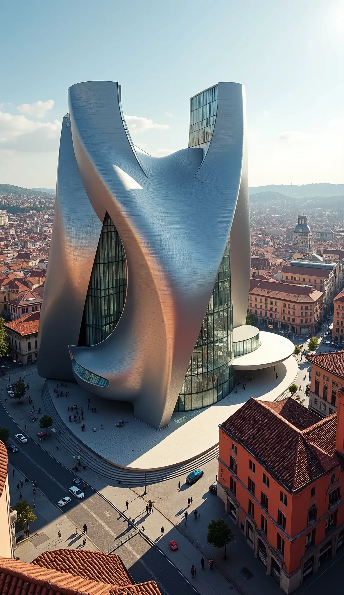 in high-definition images、Spanish cities Bilbao Guggenheim Museum、The center of the city 、beautiful views of the city、Spain and others are full of arbitrariness、brick building、(, a view from the roof of the building)
