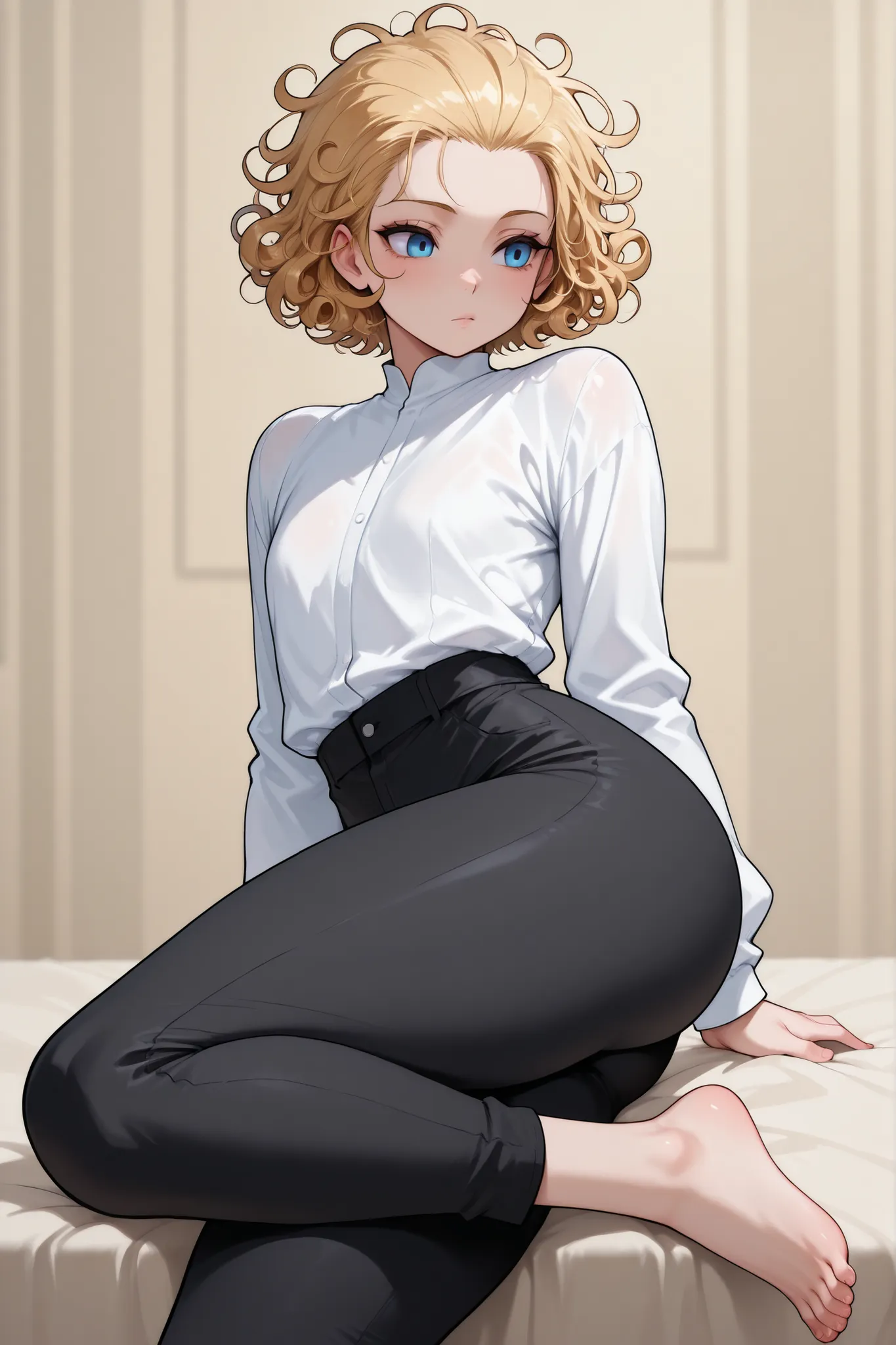 1boy, femboy, blonde Hair, curly hair, blue eyes, thick thighs, small waist, black pants, white shirt, messy hair, curly hair, short hair, hair pulled back, Glossy skin, long sleeves, Barefoot, feet,  slender shoulders, 