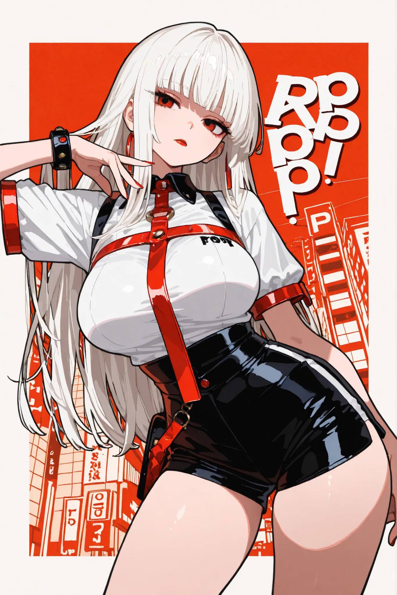 (masterpiece, best quality, 4K, ultra-detailed), beautiful 20-year-old girl, long white hair, large breasts, wearing a city pop-inspired outfit with vivid red accents, red lipstick, red nails, emotionless expression, standing pose, looking straight ahead, ...