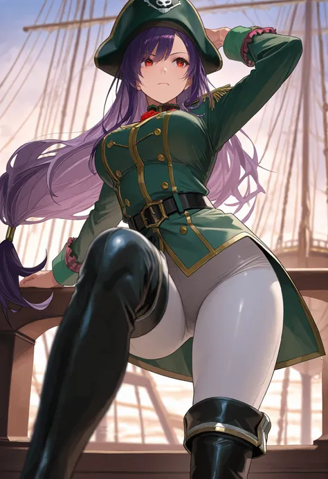 score9_up, score8_up, score7_up, solo, alone, masterpiece, best quality, defTif, red eyes, purple hair, low-tied long hair, green military uniform, white tight pants, black thigh boots, outfit with gold trim , on a pirate ship, very beautiful