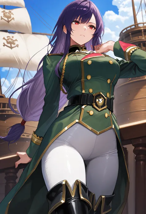 score9_up, score8_up, score7_up, solo, alone, masterpiece, best quality, defTif, red eyes, purple hair, low-tied long hair, green military uniform, white tight pants, black thigh boots, outfit with gold trim , on a pirate ship, very beautiful
