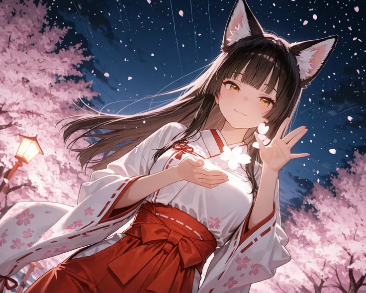 miko clothes uniform outfit.fox ear,The type of cherry tree is Yaezakurareal,photo art,Cherry blossoms dance and scatter,Cherry blossom snowstorm,beautiful anime style,a beautiful woman, with hime cut hairstyle surrounded by pink and white floral patterns,...