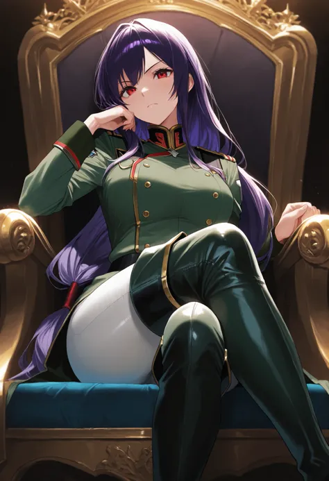 score9_up, score8_up, score7_up, solo, alone, masterpiece, best quality, defTif, red eyes, purple hair, low-tied long hair, green military uniform, white tight pants, black thigh boots, outfit with gold trim , sitting on throne, crossed legs, very beautifu...