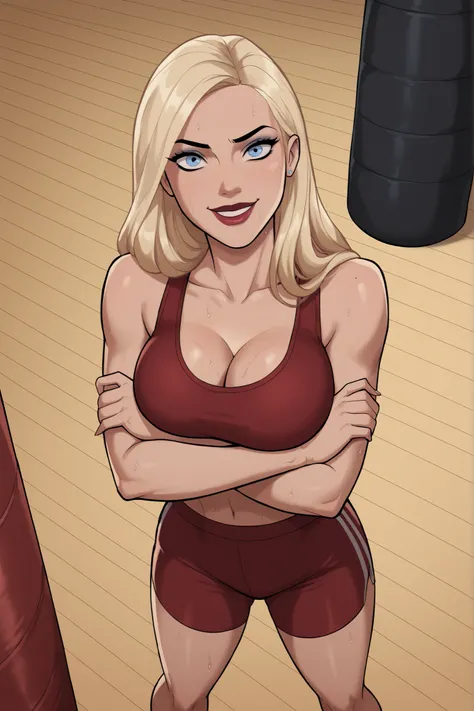 BREAK, safe_pos, score_9, score_8_up,score_7_up, score_6_up, 1girl, solo, blonde hair, long hair, blue eyes, large breasts, smile, closed mouth, makeup, lipstick, standing, looking at viewer, cleavage, curvy, athletic, arms crossed, crossed arms, happy exp...