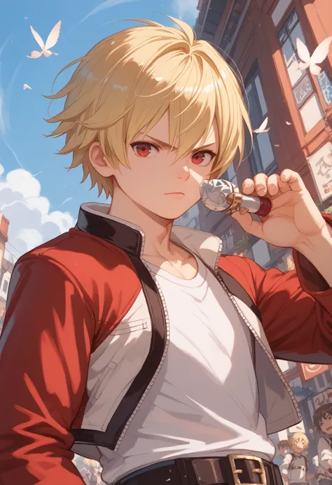 rock howard, blonde hair, red eyes, 1kid, belt, young fighter