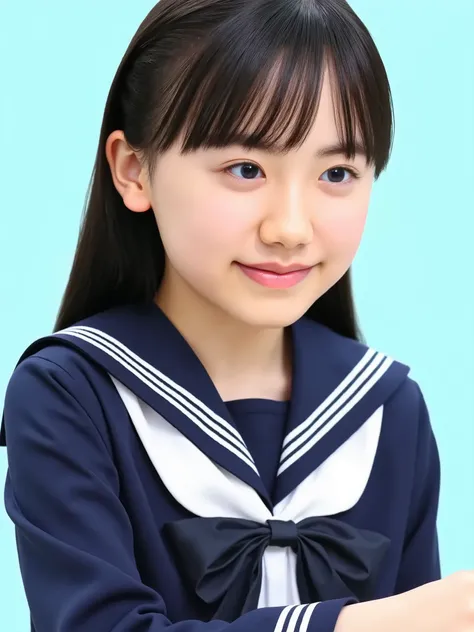 ((black hair:1.3)), long hair, bangs, elementary school student, wearing sailor suit, dark blue, Long sleeve , upper body, small eyes, make up, (smily), teeth, ((looking away:1.3))