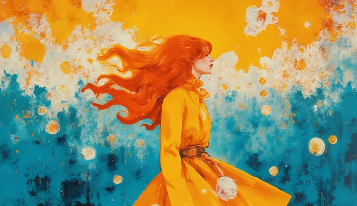 fashion illustration, illustration, fantasia surreal, Beautiful girl with long wavy hair walks using summer dress, in Rio de Janeiro, Redentor, color palette Button Blue, Dark Yellow, Peridot, UE Red, Carmine, morning, volumetric lights, , acrylic, f...