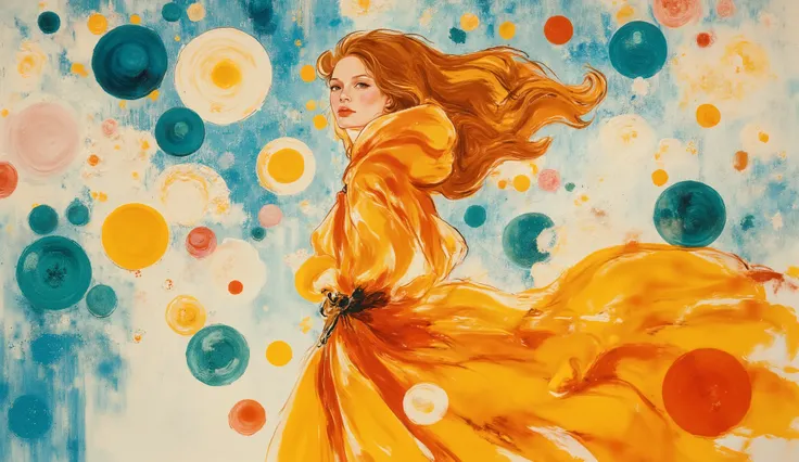 fashion illustration, illustration, fantasia surreal,   Beautiful girl with long wavy hair walks  using summer dress,  in Rio de Janeiro, Redentor, color palette Button Blue, Dark Yellow, Peridot, UE Red, Carmine,  morning, volumetric lights, ,  acrylic, f...