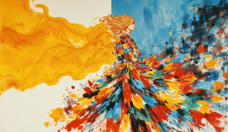fashion illustration, illustration, fantasia surreal,   Beautiful girl with long wavy hair walks  using summer dress,  in Rio de Janeiro, Redentor, color palette Button Blue, Dark Yellow, Peridot, UE Red, Carmine,  morning, volumetric lights, ,  acrylic, f...
