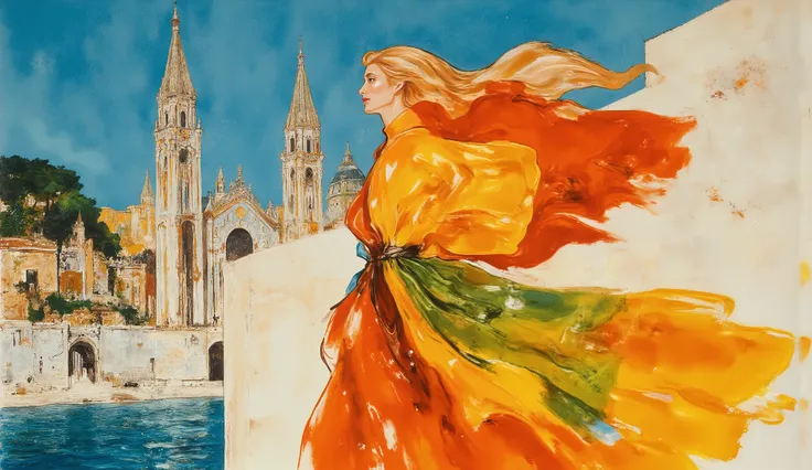 fashion illustration, illustration, fantasia surreal,   Beautiful girl with long wavy hair walks  using summer dress,  in Rio de Janeiro, Redentor, color palette Button Blue, Dark Yellow, Peridot, UE Red, Carmine,  morning, volumetric lights, ,  acrylic, f...