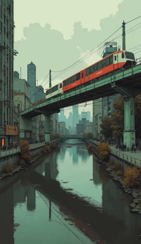 Suspended monorail, Urban Setting, Wuppertalschwebebahn, Green Metal Support Structures, Red and White Railcars, Building in the background, Under the river, Cloudy lighting, Architecture and Transportation,  iconic design , Transport Innovations, European...
