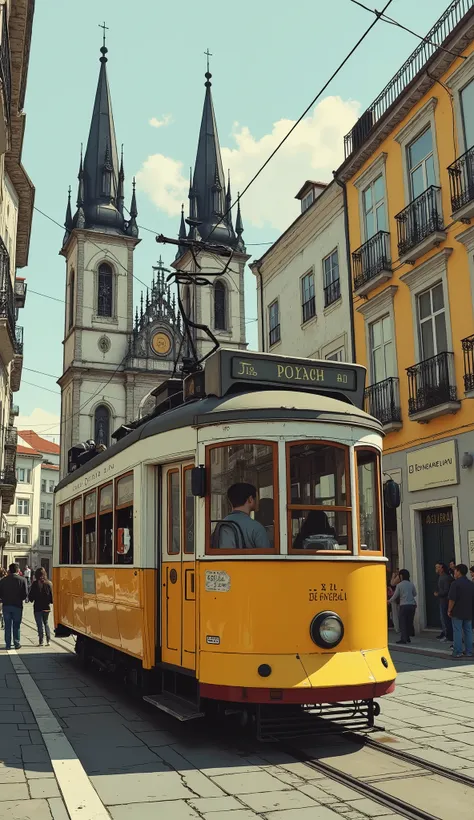 yellow trolley car with arafe on the street with a church in the background, Lisbon, streetcars, street streetcars, city street pictures, the city of Lisbon, Portugal, streetcarss, streetcarss ) ) ), by Joan Artur da Silva, Xavier Blum Pinto, by Nadir Afon...