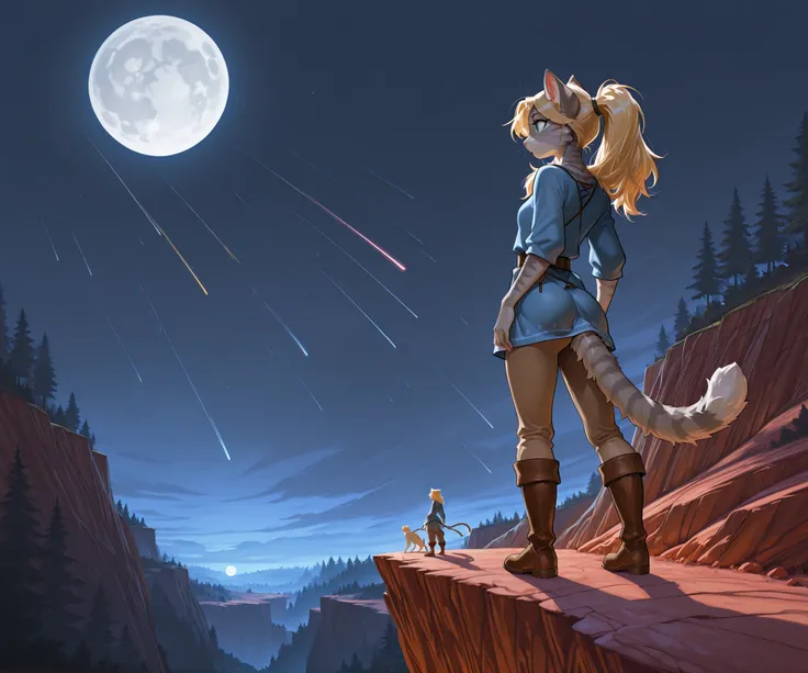 , masterpiece, best quality, amazing quality, toony, katxl, blonde hair down, anthro furry feline, grey striped body, slender body, blue eyes, small breasts, long blonde hair, hair in ponytail, grey striped fur, cat tail. wearing blue tunic, brown pants, ...