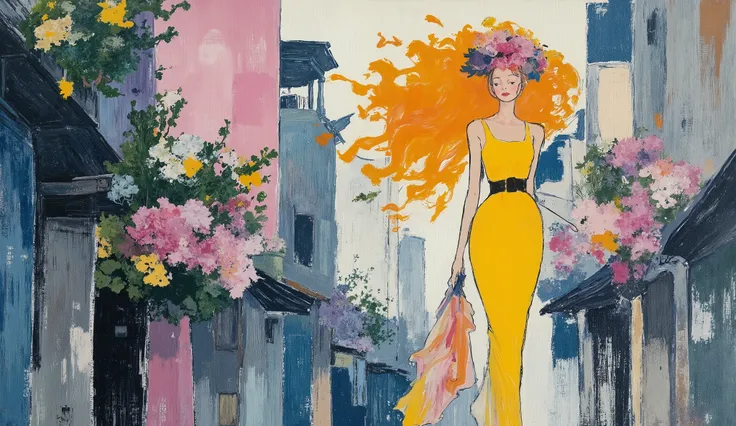 fashion illustration, illustration, fantasia surreal, Beautiful girl with long wavy hair walks using summer dress, in Rio de Janeiro, Redentor, color palette Button Blue, Dark Yellow, Peridot, UE Red, Carmine, morning, volumetric lights, , acrylic, f...