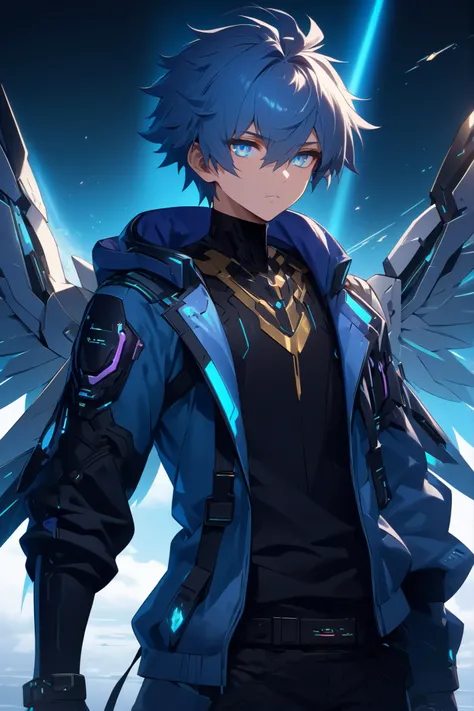 ((Alone))(a boy))((High Quality))((top quality))((4k))((extremely detailed))((best illustration))((best shade))((anime style))((angel))((futuristic))Create an angel with a futuristic appearance. He has blue hair with a large light blue tuft, sky blue eyes ...