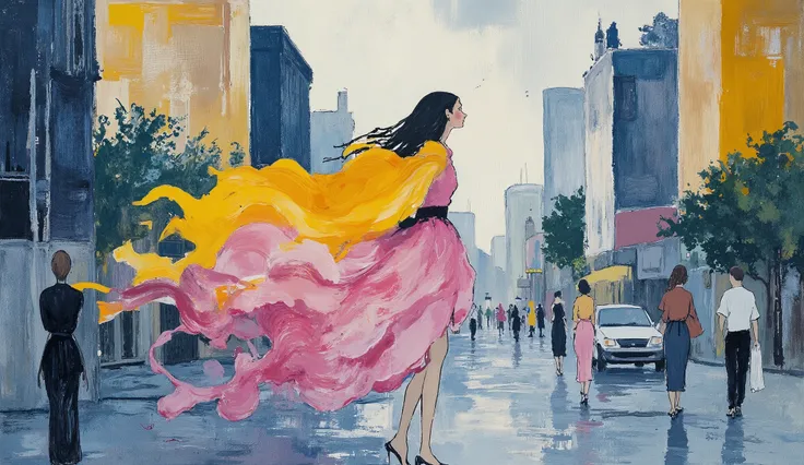 fashion illustration, illustration, fantasia surreal, Beautiful girl with long wavy hair walks using summer dress, in Rio de Janeiro, Redentor, color palette Button Blue, Dark Yellow, Peridot, UE Red, Carmine, morning, volumetric lights, , acrylic, f...