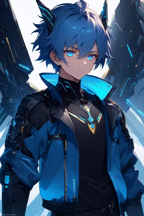 ((Alone))(a boy))((High Quality))((top quality))((4k))((extremely detailed))((best illustration))((best shade))((anime style))((angel))((futuristic))Create an angel with a futuristic appearance. He has blue hair with a large light blue tuft, sky blue eyes ...
