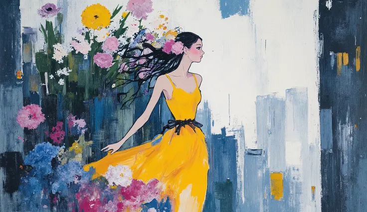 fashion illustration, illustration, fantasia surreal, Beautiful girl with long wavy hair walks using summer dress, in Rio de Janeiro, Redentor, color palette Button Blue, Dark Yellow, Peridot, UE Red, Carmine, morning, volumetric lights, , acrylic, f...
