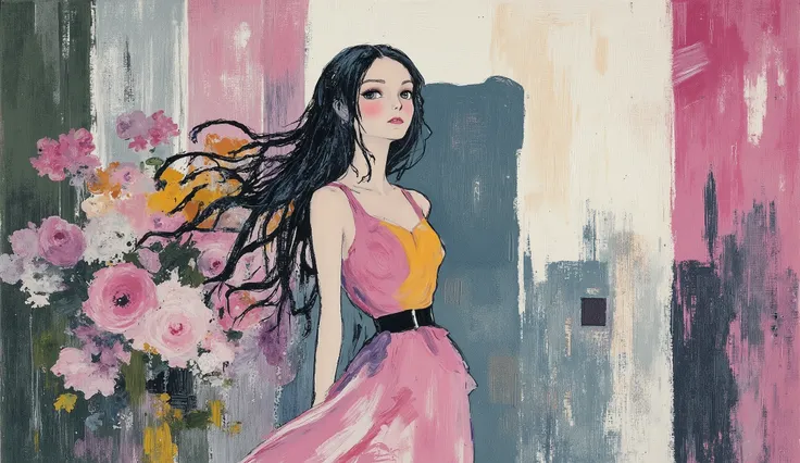 fashion illustration, illustration, fantasia surreal, Beautiful girl with long wavy hair walks using summer dress, in Rio de Janeiro, Redentor, color palette Button Black Chocolate, Army Green, Palm Leaf, Copper (Crayola), Dark Pastel Rede, morning, v...
