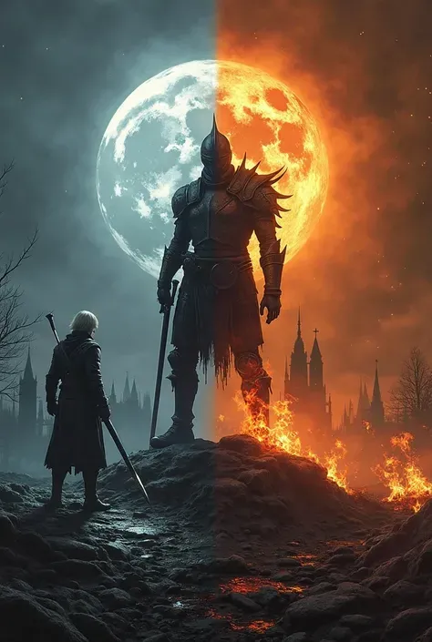 This captivating image juxtaposes two iconic s from dark fantasy video games. On the left, a lone hunter from "Bloodborne" stands tall amidst a bleak, eerie landscape under a full moon, exuding a sense of mystery and determination. The environment is cold,...