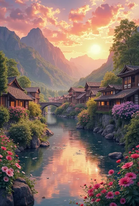 , a small riverside village,The background is mountains,Flowers bloom,vibrant with colors,Detailed scenery,Beautiful natural landscape,Ambiance Lighting,Scorching sunset,a warm color palette,utility,utility摄影,Delicate leaves,Complex architecture , cobblest...
