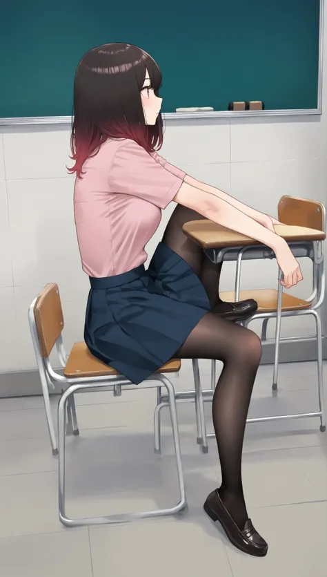 adult women, full body, sitting in a classroom, dynamic pose, red school uniform, sexdoll:1.0 (masterpiece, best quality), pantyhose, vivid colored clothes, HDR, volumetric Lighting, classroom background, dynamic image,